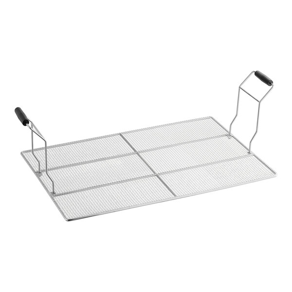 A stainless steel metal grid with black handles.