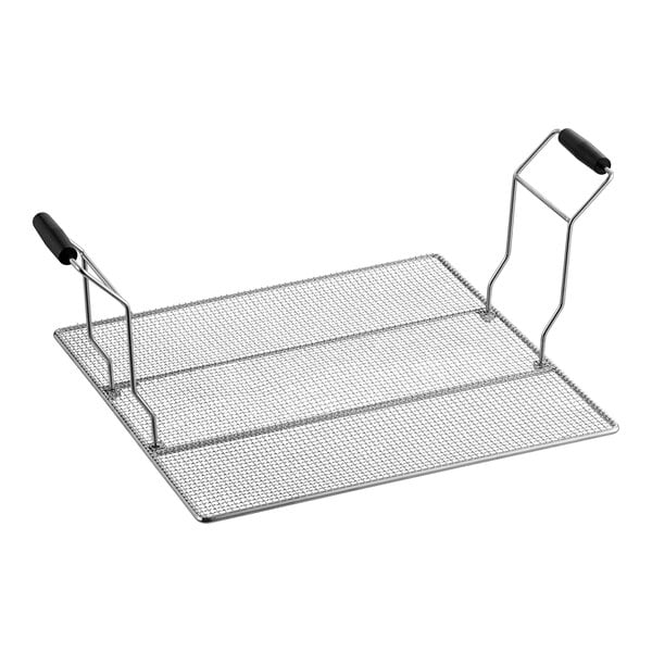 A stainless steel wire mesh tray with black handles.