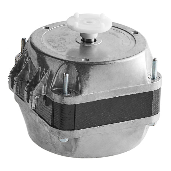 An Avantco refrigerator evaporator fan motor with a white metal housing and white wheel.