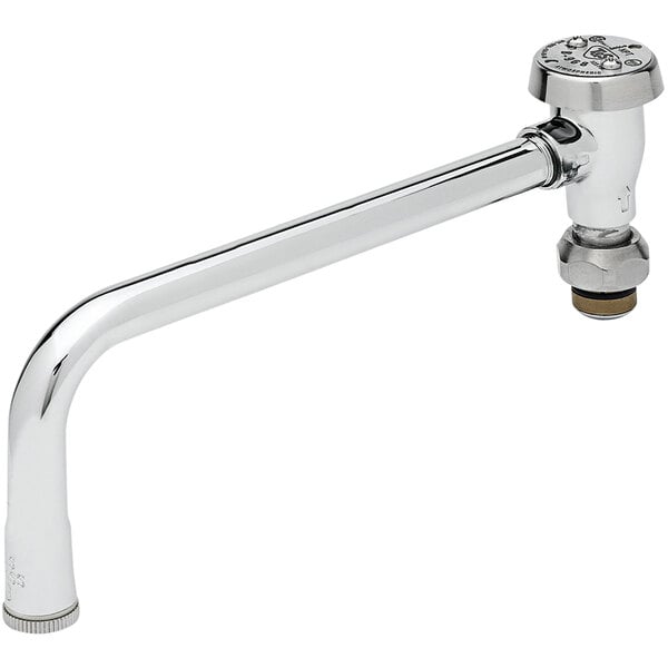 A chrome T&S faucet swing nozzle with a silver vacuum breaker.