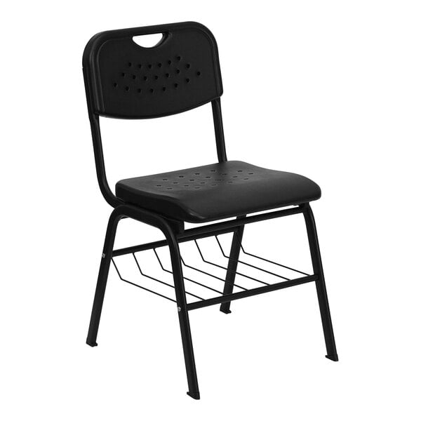 A black Flash Furniture plastic chair with a wire basket on the back.