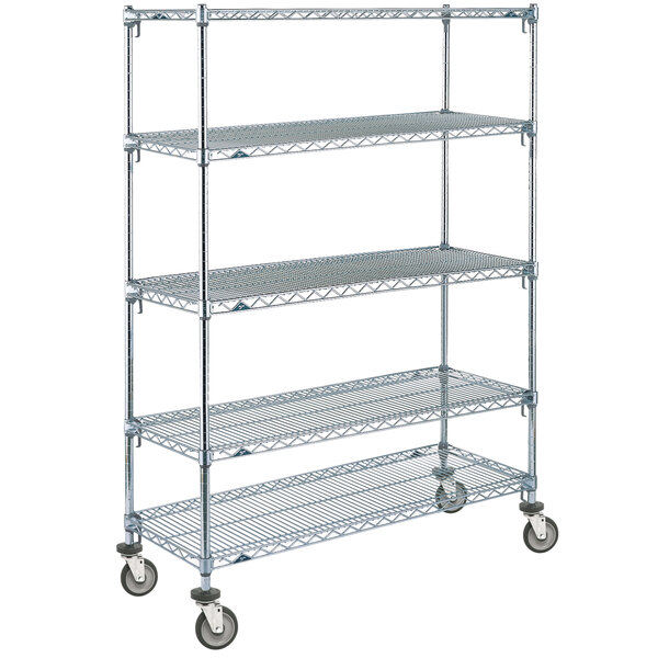 A chrome Metro mobile wire shelving unit with polyurethane casters.