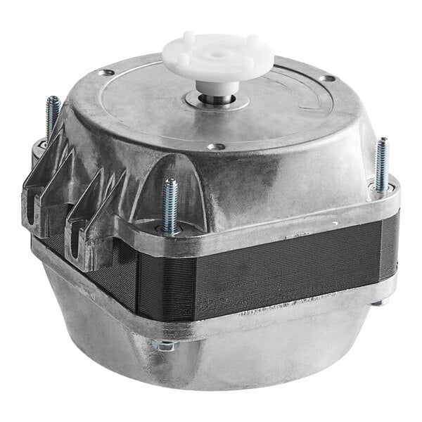 A metal Avantco Refrigeration condenser fan motor with a white wheel.