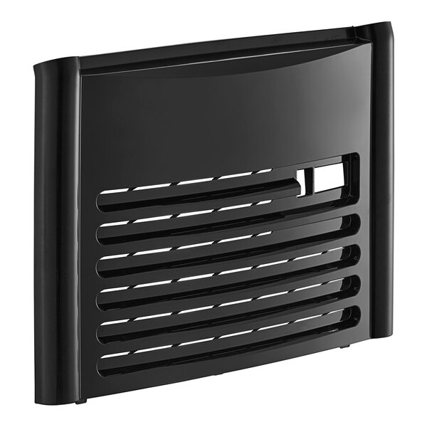 A black rectangular grill with a vent.