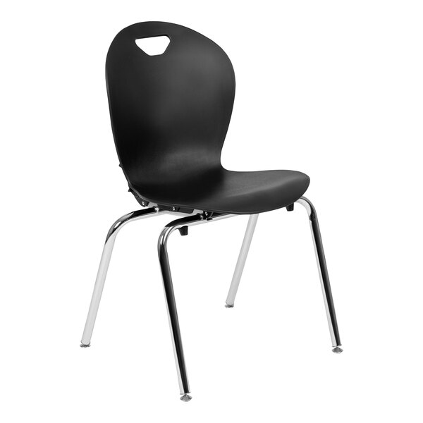 A black Flash Furniture stackable classroom chair with chrome legs.