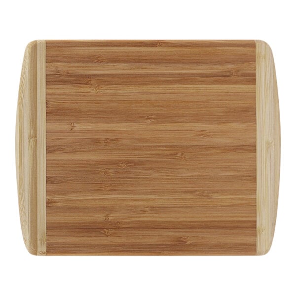 A Franmara bamboo cutting board with a wooden handle.