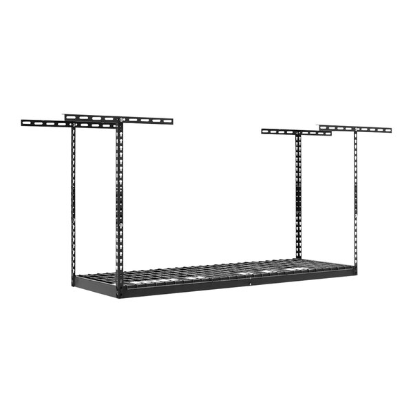 A gray metal SafeRacks overhead storage rack with metal bars and two brackets.