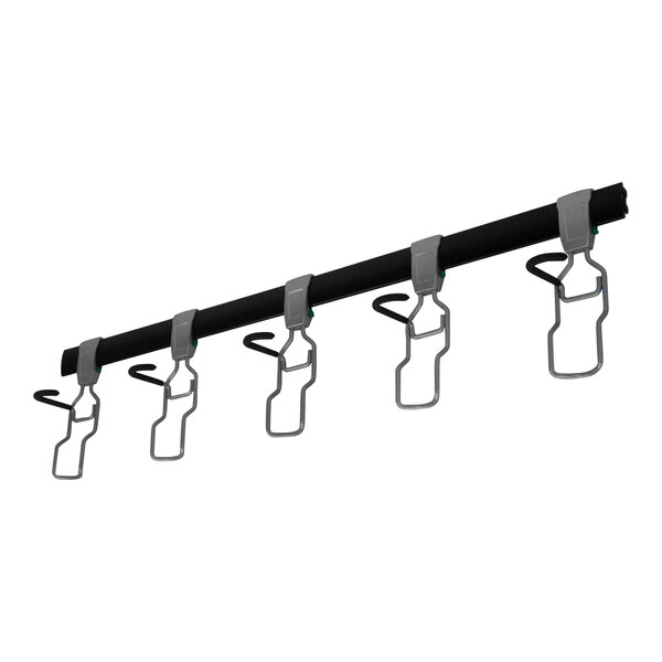 A black metal SafeRacks wall mount bicycle storage rack with five hooks.
