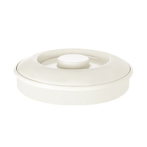 A white melamine container with a round lid.