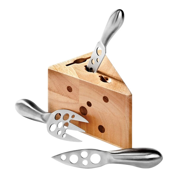 A Franmara cheese knife and fork set on a wooden block.