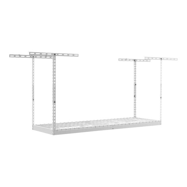 A white metal SafeRacks overhead storage rack with two metal bars.