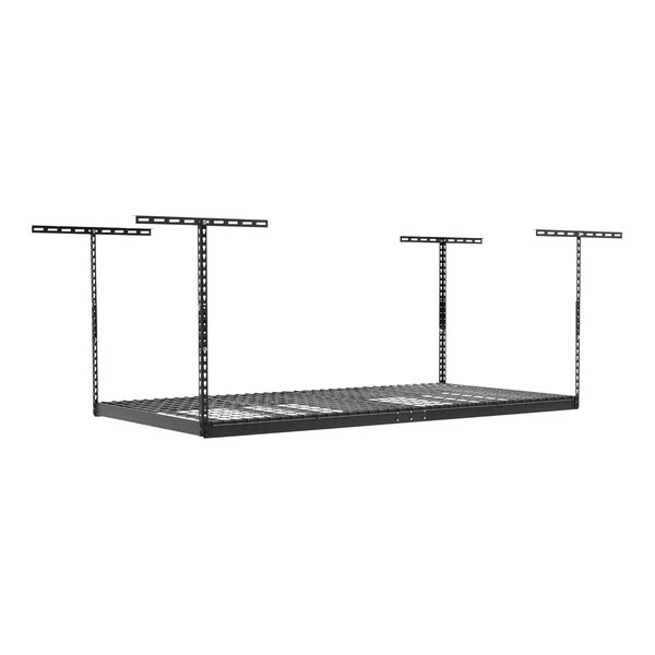 A gray metal SafeRacks overhead storage rack with four brackets on it.