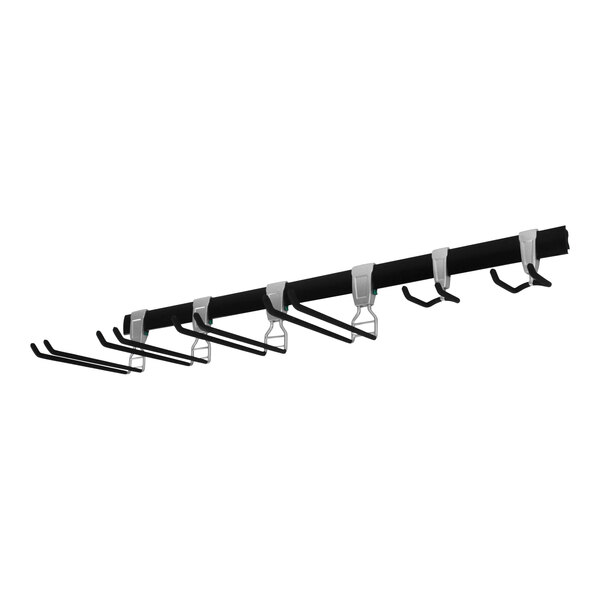 A black and silver SafeRacks wall mount tool storage rack with six hooks.