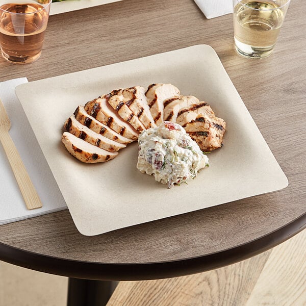 A World Centric compostable fiber plate with grilled chicken and potato salad on it.