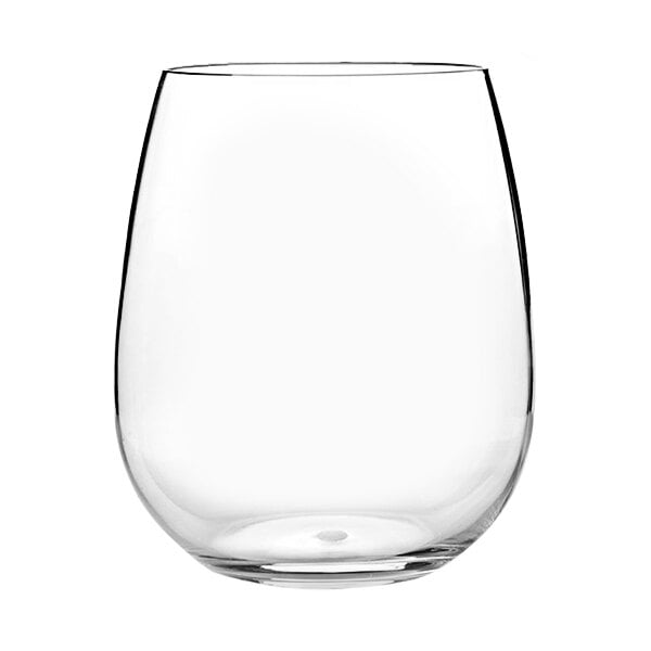 A case of 24 clear Franmara plastic stemless wine glasses.