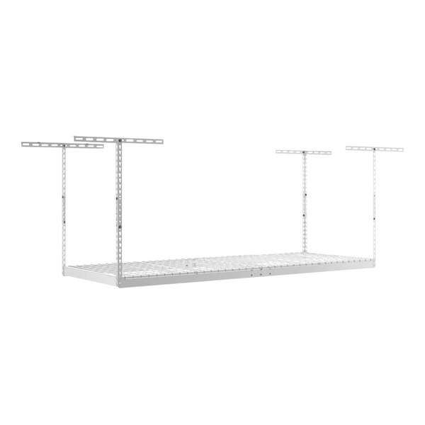 A white SafeRacks overhead storage rack with two metal bars.