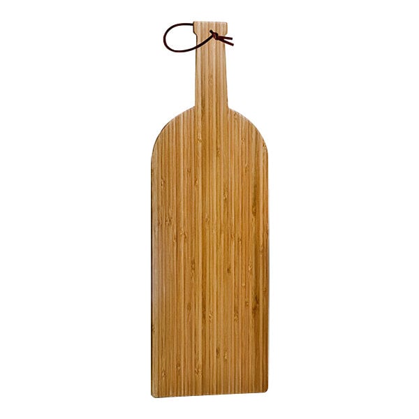 A Franmara wine bottle-shaped bamboo cutting board with a strap.
