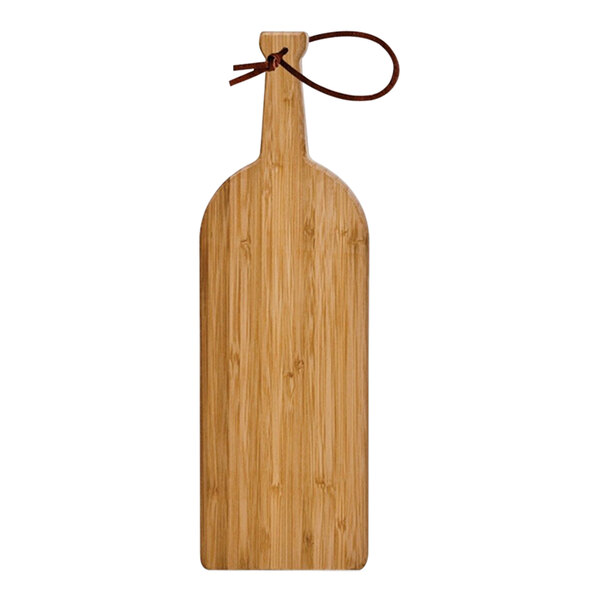 A Franmara wine bottle-shaped bamboo cutting board with a brown strap.