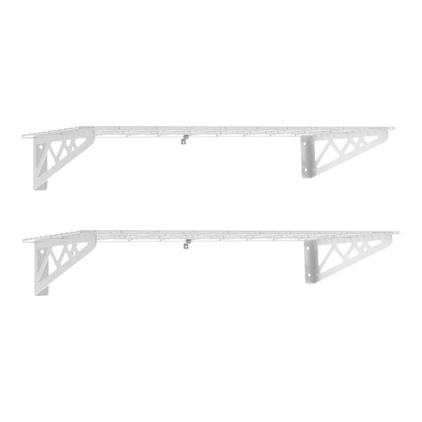 Two white SafeRacks wall shelves with metal brackets.