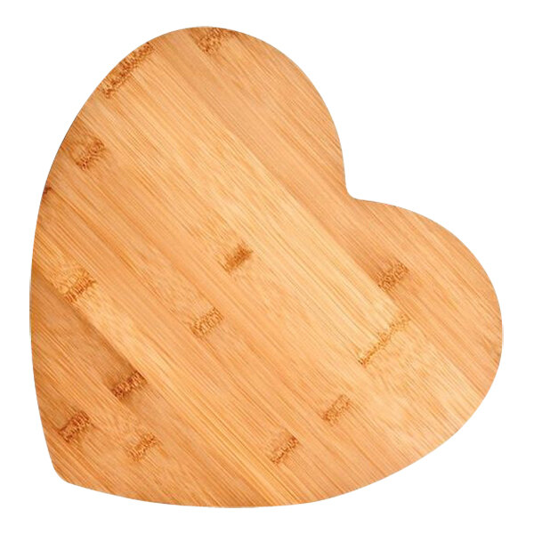 A Franmara heart-shaped bamboo cutting board with a wooden handle.