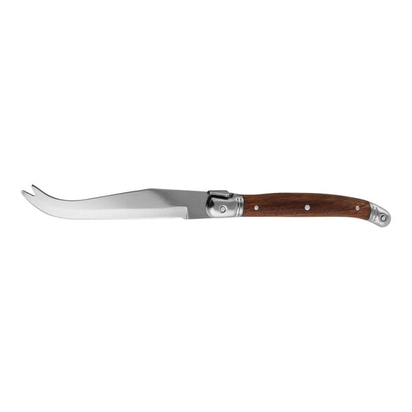 A Laguiole cheese knife with a rosewood handle and silver blade.