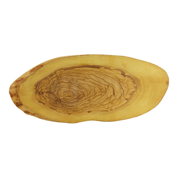 An olivewood cheese board with a trunk shape and spiral pattern on the surface.
