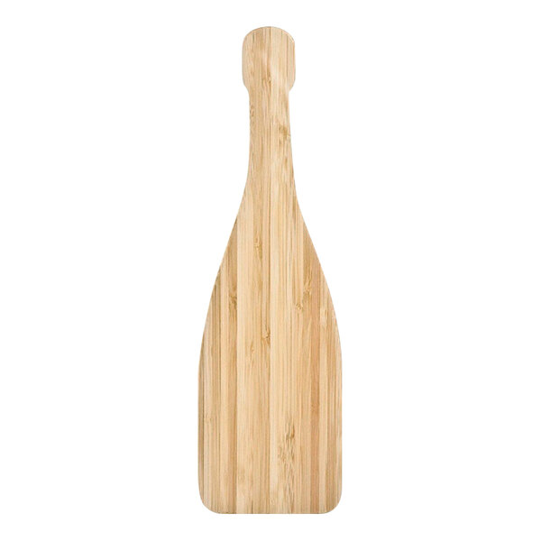 A Franmara champagne bottle-shaped bamboo cheese board with a handle.