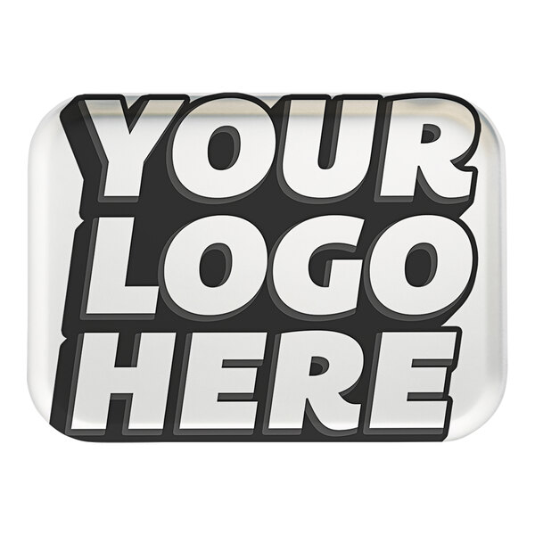 A white Cambro rectangular cafeteria tray with a black and white logo that says "your logo here" on it.