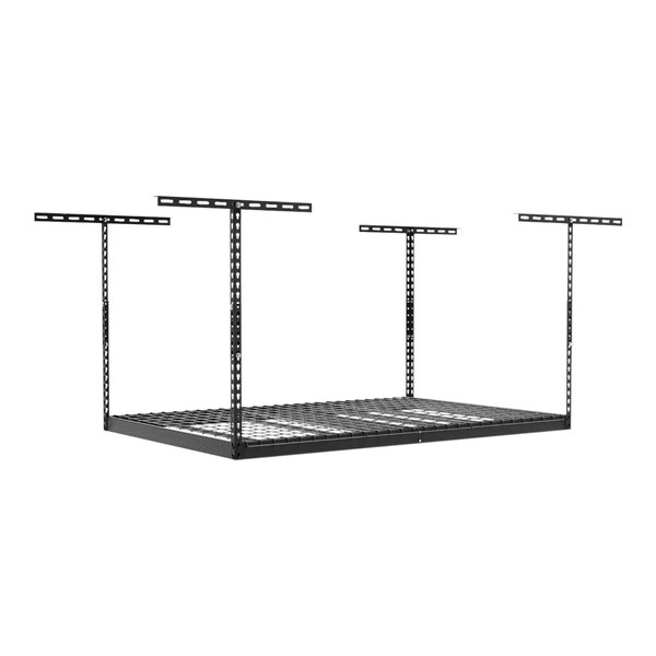 A gray metal SafeRacks overhead storage rack with two metal bars and four brackets.