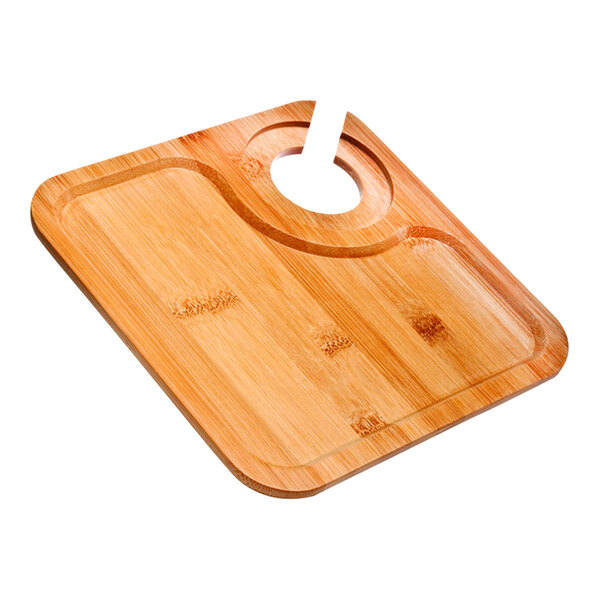 A Franmara bamboo party plate with a built-in stemware holder.