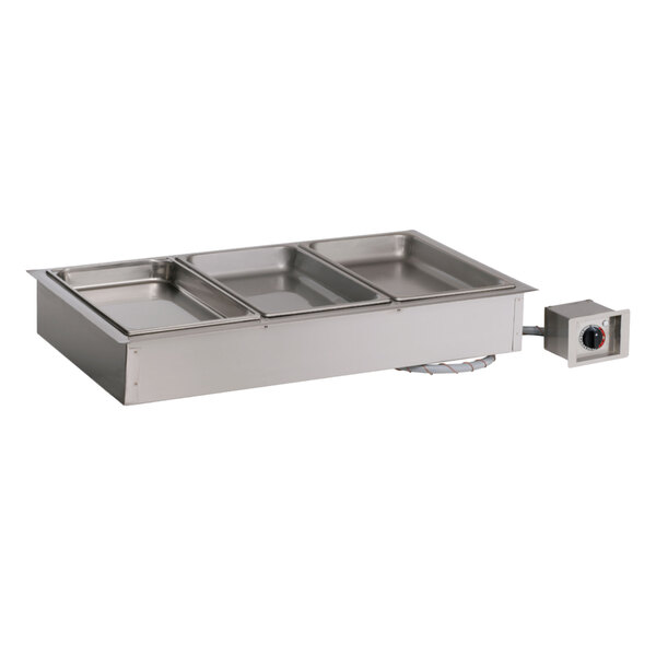 A stainless steel Alto-Shaam hot food well with three deep pans inside.
