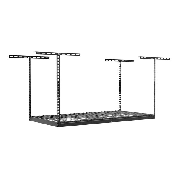 A gray metal shelf with two metal bars and four metal shelves.