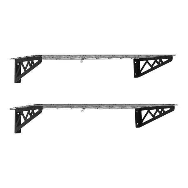 Two gray metal SafeRacks shelves with metal brackets in a rectangular metal frame.