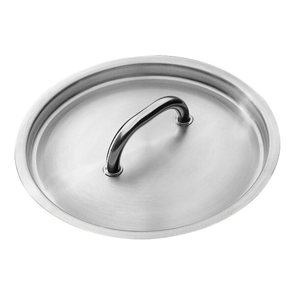 A silver Matfer Bourgeat stainless steel pot/pan lid with a handle.