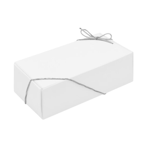 A white rectangular box tied with silver ribbon.