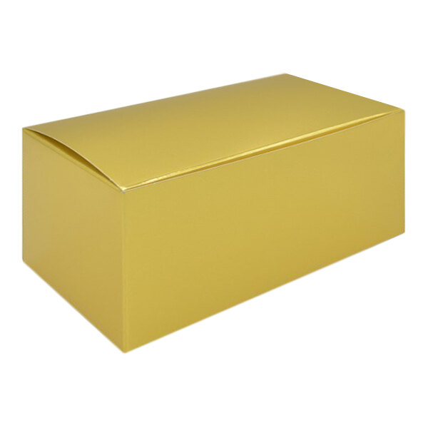 A yellow rectangular 1 lb. gold foil candy box with a lid.