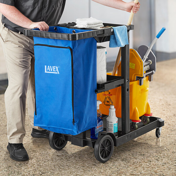 Lavex Black 3-Shelf Janitor Cart with Blue Vinyl Zippered Bag