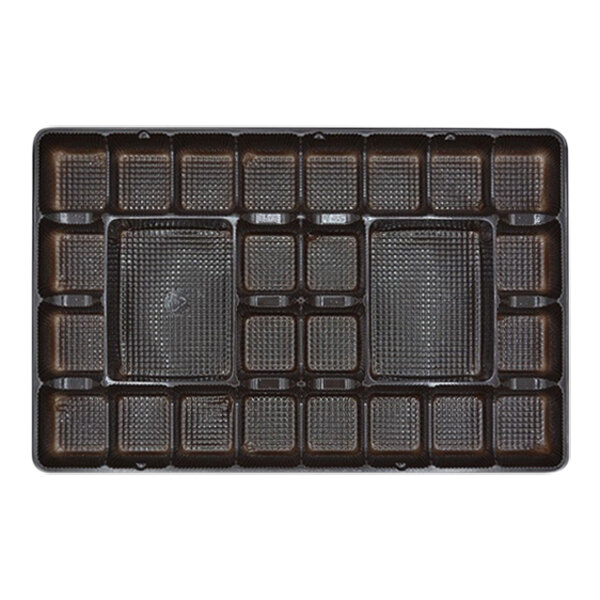 A brown rectangular tray with 26 square compartments.