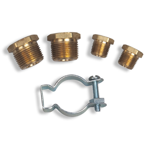 A Bunn Scale-Pro installation kit with brass fittings, nuts, and a metal clamp with a bolt.