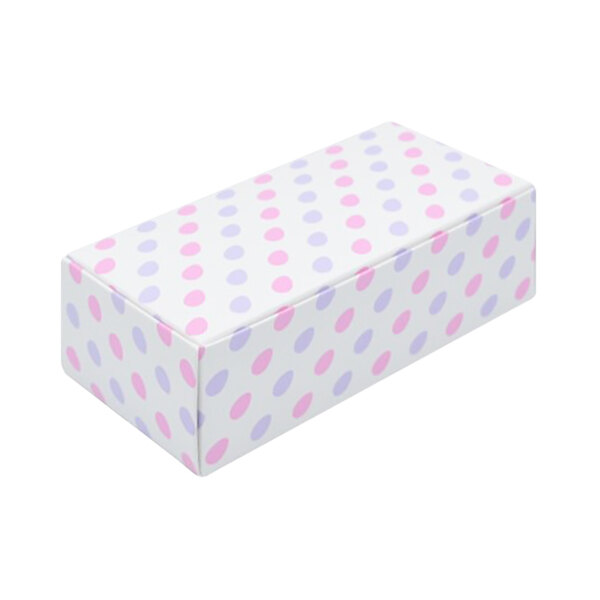 A white 1/2 lb. Easter eggs candy box with pink and purple polka dots.
