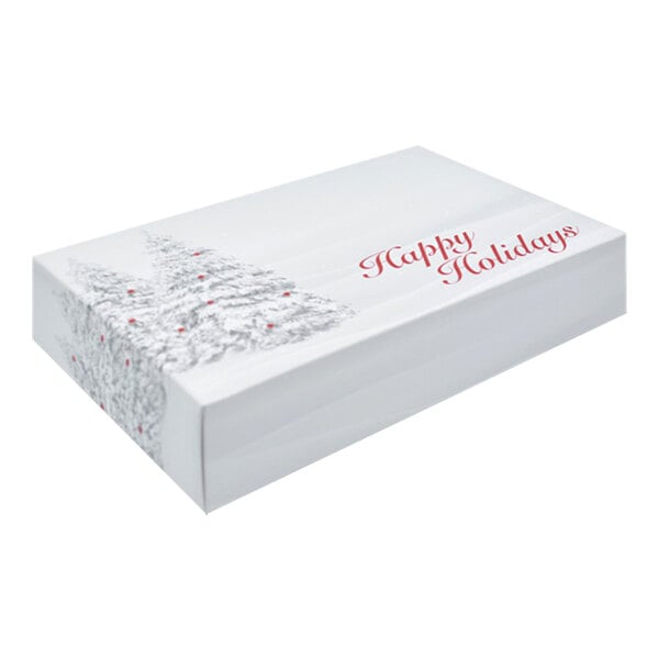A white 2-piece candy box with a tree design and red "Happy Holidays" text.
