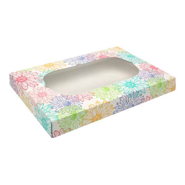 A 9 3/8" x 6" x 1 1/8" candy box with a design window featuring colorful flowers.