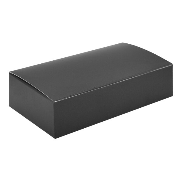 A black rectangular 1/4 lb. candy box with a lid.