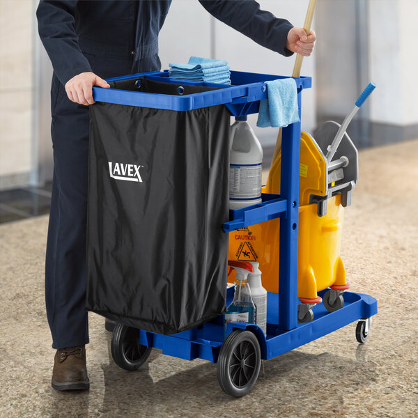 Lavex Blue 3-Shelf Janitor Cart with Black Vinyl Bag