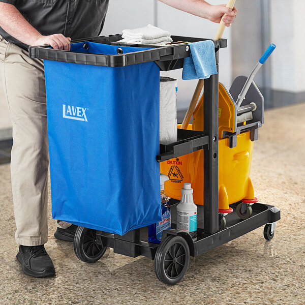 Lavex Black 3-Shelf Janitor Cart with Blue Vinyl Bag