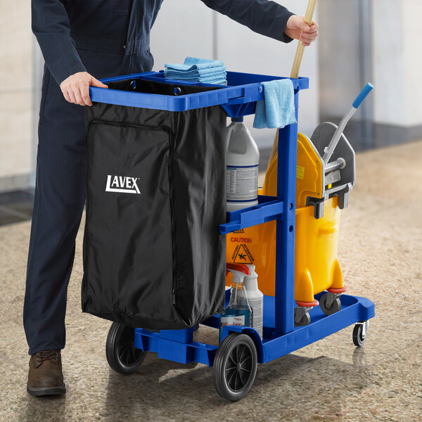 Lavex Blue 3-Shelf Janitor Cart with Black Vinyl Zippered Bag