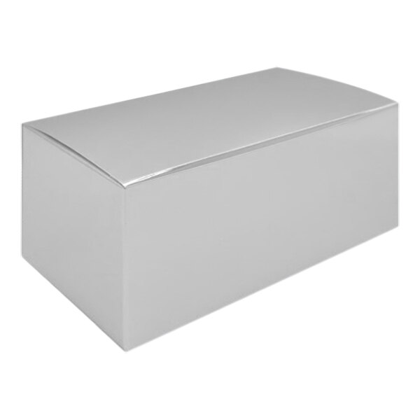 A white rectangular 1 lb. silver foil candy box with a lid.