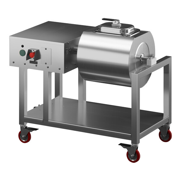 An AyrKing meat tumble marinator on a cart.
