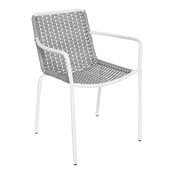 A BFM Seating Captiva outdoor restaurant arm chair with a white frame and woven grey seat.