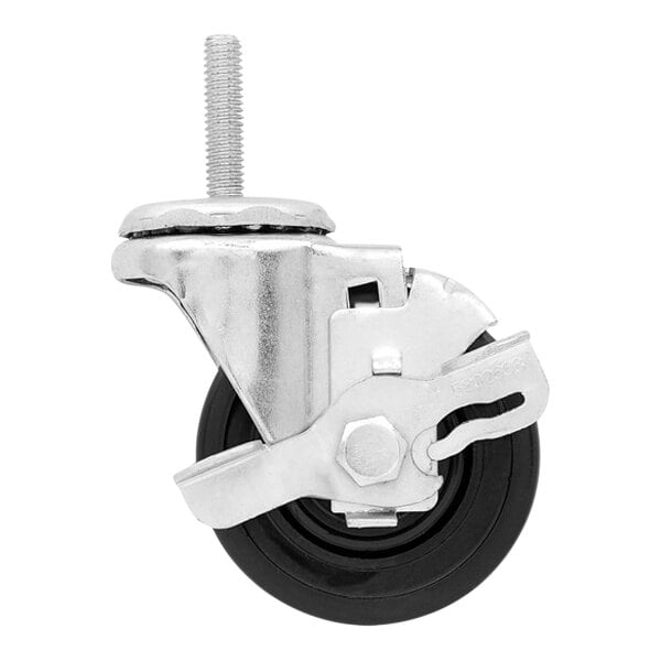 A black and metal swivel caster with a screw.